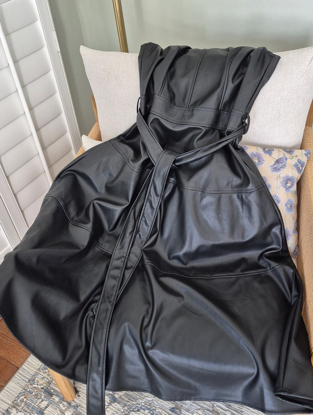 Black Faux Leather Midi Fit & Flare Belted Dress Fully Lined Back Zipper S